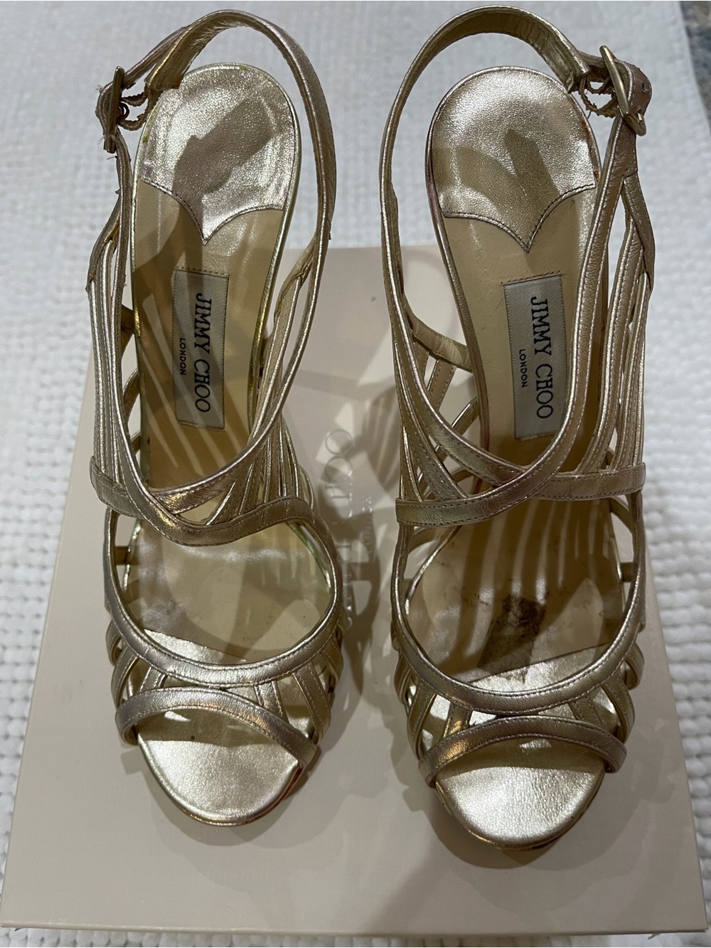Jimmy Choo Metallic Champagne Strappy Slingback Heels - Picture 9 of 9